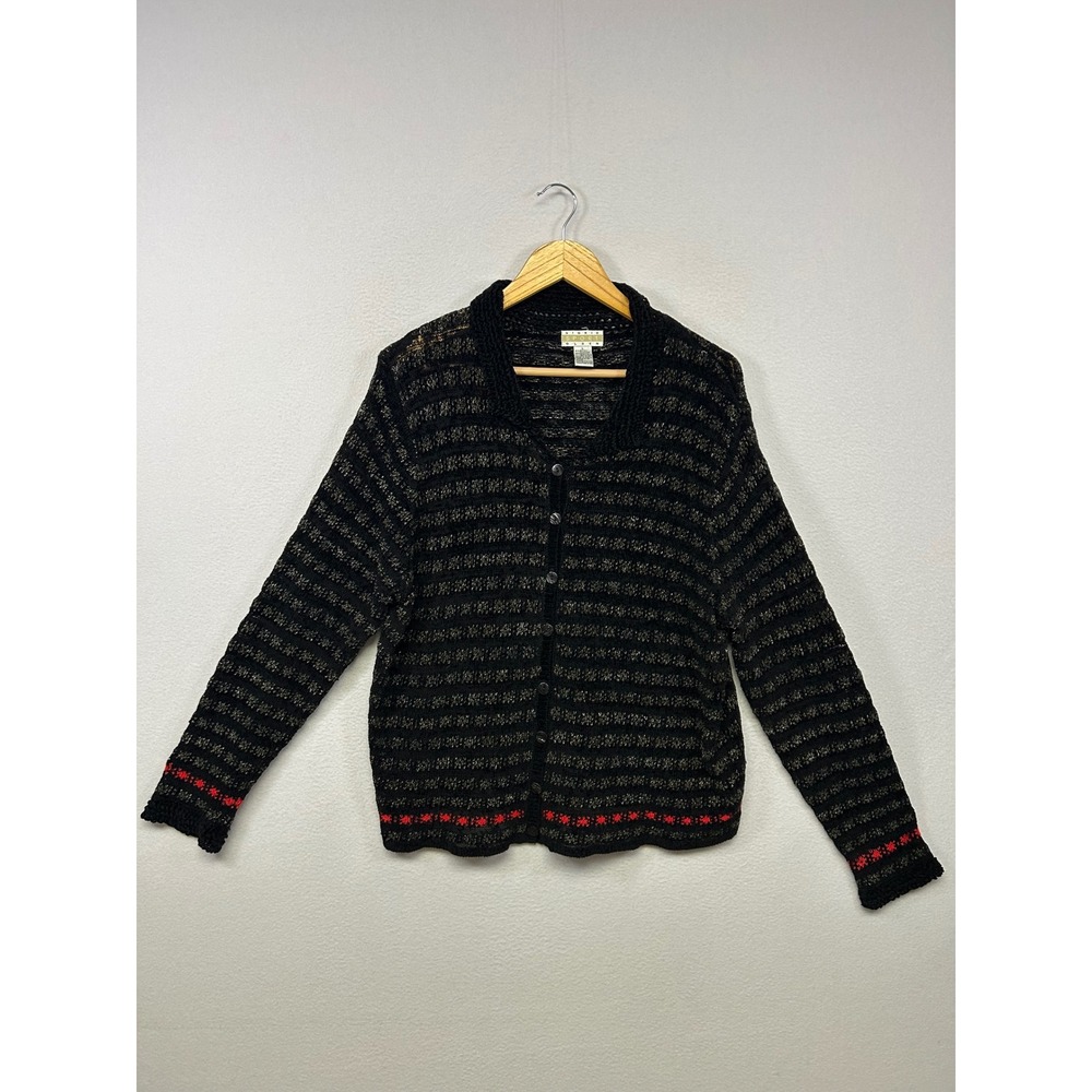 Sigrid Olsen Metallic Shimmer Grannycore Womens L Black Gold Striped Cardigan